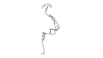 Self drawing animation of single line draw side view young female joiner in apron and tools belt standing near workbench while working in craft workshop concept. Continuous line. Full length animated video