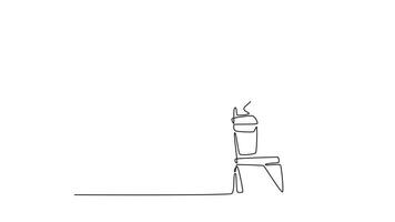 Self drawing animation of single line draw male construction worker in hardhat holding sledgehammer on his shoulder. Foreman with hammer working at worksite. Continuous line draw. Full length animated video