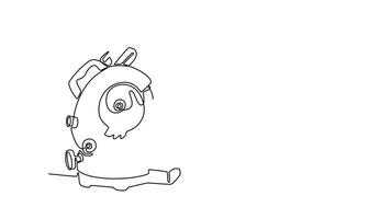 Animated self drawing of continuous line draw carpenter woman with hearing protection, glasses and gloves while using circular saw to cutting wood plank in workshop. Full length single line animation video