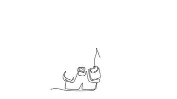 Animated self drawing of continuous line draw young woman builder with hardhat in hand. Female construction worker working with heavy industrial tool in site concept. Full length single line animation video