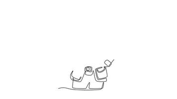 Self drawing animation of single line draw confident woman builder standing with tools belt and holding hard hat in hands. Female construction worker in worksite. Continuous line. Full length animated video