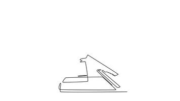 Animated self drawing of continuous line draw side view of young carpenter woman using hand saw sawing cutting wooden board on workbench in housing construction site. Full length single line animation video
