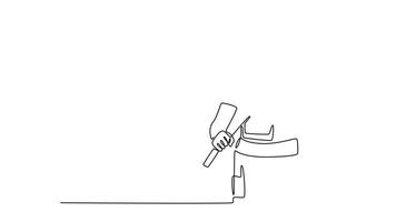 Self drawing animation of single line draw young construction worker holding sledgehammer for repair highrise building. Builder with hammer working at site. Continuous line draw. Full length animated video