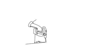 Animated self drawing of continuous line draw young female carpenter using drill machine on wood at bandsaw in workshop. Women entrepreneur working craft in workbench. Full length one line animation video