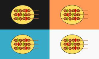 a graphic design of meat satay with green and red peppers on a plate vector