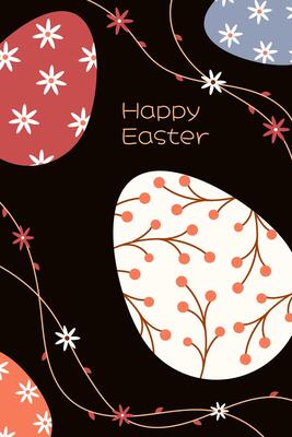 Happy Easter. Eggs with spring flowers pattern. Greeting card, poster, banner. illustration