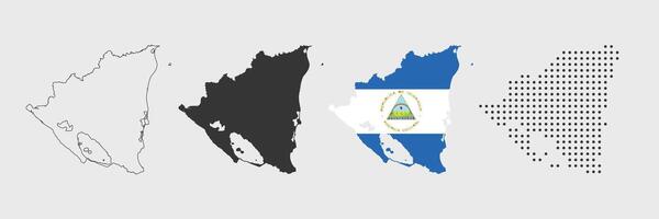 Nicaragua map in various style outline, grey, flag color, dotted vector