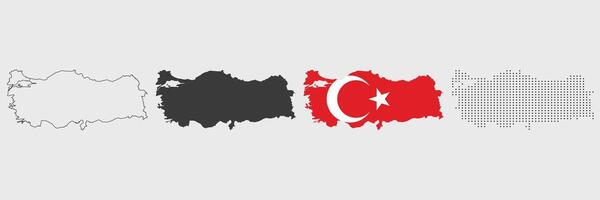 Turkey map in various style outline, grey, flag color, and dotted vector