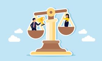 Businessman hold a trophy stands on one side of the scales of justice, while a businesswoman stands on the other, illustration of preference in select high achieve candidates vector