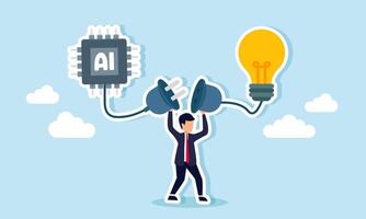 A businessman holds two power plugs connected to an AI chip and a light bulb, illustration of the importance of ideas and innovation for AI development vector