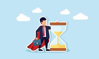 Super businessman stands holding an hourglass, illustration of a professional businessman capable of utilizing effective and efficient time management vector