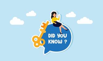 A businesswoman sits on a chat dialog labeled DID YOU KNOW with a key beside her, illustration of knowledge related to solutions for business problems vector