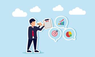 A businessman takes notes on a chat dialogue featuring a diagram, target board, and pie chart, illustration of minutes on business management performance vector
