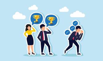 Businesspeople discuss a broken trophy, while a businessman feels frustrated by negative talk, illustration of criticism in failing to maintain a leading company vector
