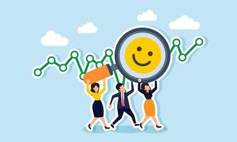Businesspeople stand in front of a line chart, working together to lift a magnifying glass with a happy emoticon label, illustration of evaluating and analyzing business market attention vector