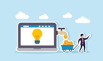 A businessman pushes a shop cart carrying dollar coins flowing from a faucet attached to a laptop screen with a lit lamp, illustration of profit from precise business ideas and innovations vector