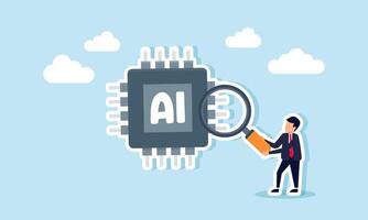 A businessman examines and researches an AI chip using a magnifying glass, illustration of AI performance analysis and evaluation in business support vector
