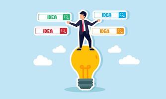 A businessman stands on a lit lamp surrounded by search engines labeled IDEA, illustration of suggestions on various business ideas and innovations vector