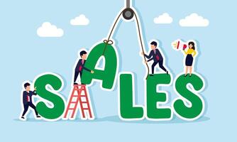Businesspeople collaborate to arrange text spelling SALES, illustration of collaboration and teamwork in boosting company sales targets vector