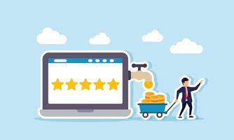 A businessman push a shopping cart carry dollar coins flow from a faucet attached to a laptop screen display five stars, illustration of profit from maintaining and improve business quality vector