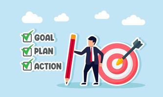 Businessman holding a pencil stands between a target board and a checklist with GOAL, PLAN, and ACTION, illustration of achieving business targets vector