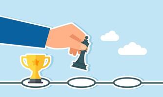 A hand moves the king chess piece to the next step, leaving a trophy on the previous step, illustration of a new chapter for a leading company in another business sector vector
