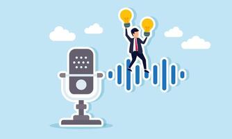 A businessman holds two lamps above a sound wave emerging from a microphone, illustration of sharing ideas through a podcast platform vector
