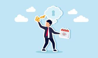 A businessman carries a schedule and a key to insert into a keyhole in a cloud of imagination, illustration of business solutions using effective and efficient thinking on time management vector