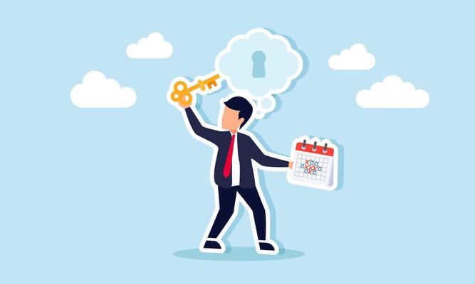 A businessman carries a schedule and a key to insert into a keyhole in a cloud of imagination, illustration of business solutions using effective and efficient thinking on time management