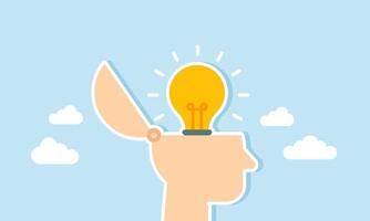 A head with a lit lamp inside, illustration of a creative mindset in generating ideas and innovation vector