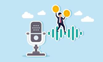 A businessman holds two dollar coins above a sound wave emerging from a microphone, illustration of sharing strategies in business financial management through a podcast platform vector
