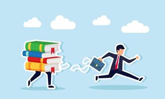 A businessman runs away from a chasing stack of books, illustration of a deadline to complete a business project report vector