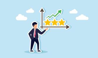 Businessman showing a rising chart from a series of three stars, illustration of improving business performance and product quality vector