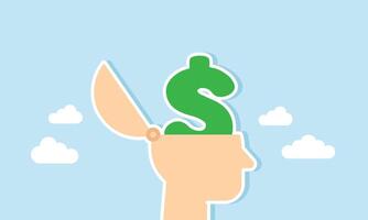 A head with a dollar sign inside, illustration of a critical mindset in recognizing business profit opportunities vector