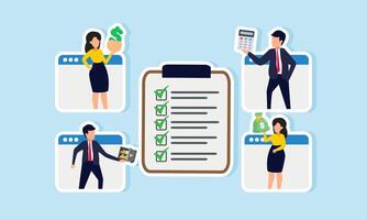 Businesspeople discuss work lists online, each bring elements related to financial, illustration of a virtual meeting, online sharing about effective and efficient financial management vector