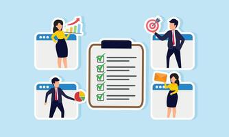 Businesspeople discuss work lists online, each bringing elements related to business management, illustration of a virtual meeting, online sharing about business management vector