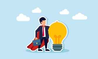 Super businessman stands holding a lamp, illustration of a professional businessman capable of identifying opportunities to generate business ideas and innovations vector