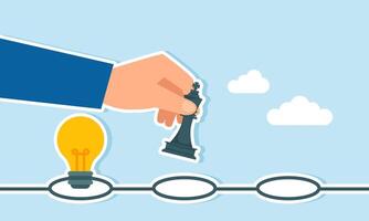 A hand moves the king chess piece to the next step, leaving a lit lamp on the previous step, illustration of a new chapter to gain new relevant ideas and innovations for business vector