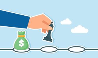 A hand moves the king chess piece to the next step, leaving a money bag on the previous step, illustration of a new chapter to gain profit in another business sector vector