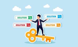 A businessman stands on a key surrounded by search engines labeled SOLUTION, illustration of suggestions related to business solutions vector