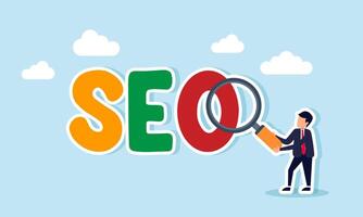 A businessman examines and researches SEO text using a magnifying glass, illustration of SEO performance analysis and evaluation to boost business sales vector
