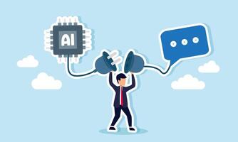 A businessman holds two power plugs connected to an AI chip and a chat dialog, illustration of the importance of adaptation and prompt memory for AI development vector