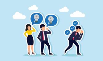 Businesspeople discuss a broken lamp, while a businessman feels frustrated by negative talk, illustration of criticism in failing due to a lack of business ideas and innovation vector