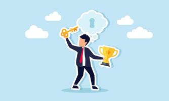 A businessman carries a trophy and a key to insert into a keyhole in a cloud of imagination, illustration of business solutions using thoughts on becoming a leading company vector