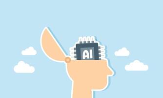 A head with an AI chip inside, illustration of AI thinking patterns resembling human thought processes vector