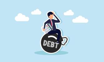 A businessman carrying a calculator sits chained on a burden labeled DEBT, illustration of business debt calculations to be paid vector
