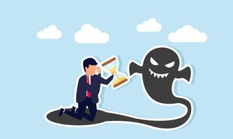 A businessman feels scared and hands over the clock trophy he carries to his shadow forming a ghost, illustration of mental downfall despite having strong attributes in time management vector