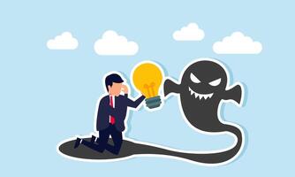 A businessman feels scared and hands over the lit lamp he carries to his shadow forming a ghost, illustration of mental downfall despite having strong attributes in ideas and innovation vector