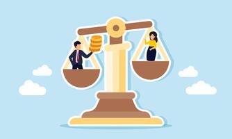 Businessman carry a stack of coins stands on side of the scales of justice, while a businesswoman on another, illustration of preference in select investors with strong financial vector