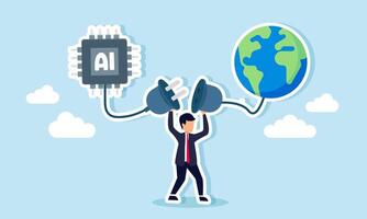 A businessman holds two power plugs connected to an AI chip and a globe, illustration of the importance of global encyclopedia knowledge for AI development vector